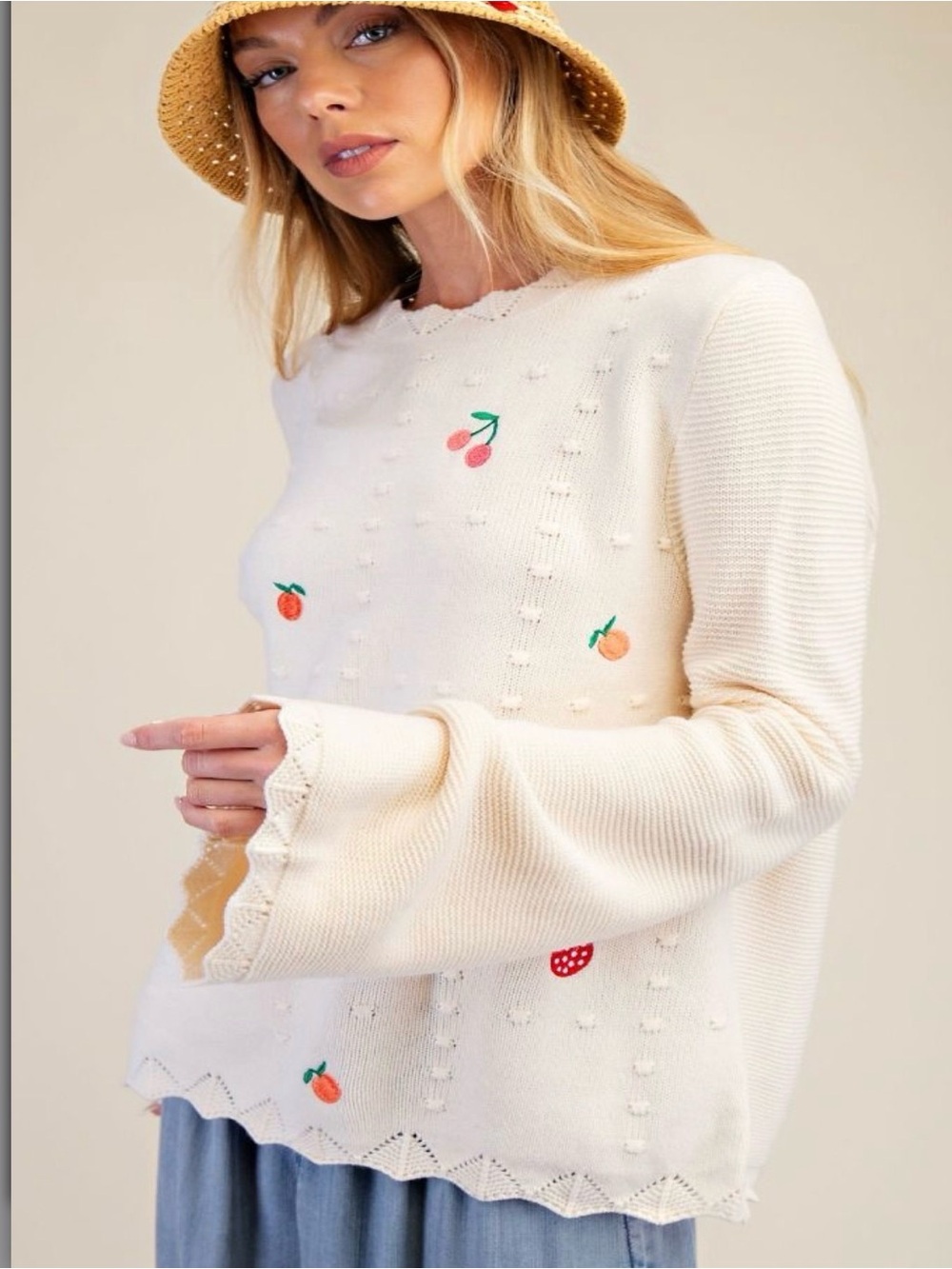 Easel New Cream Embroidered Fruit Knit Sweater S M L